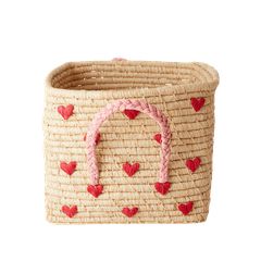Rice - Small Square Raffia Basket with Handles - Hearts / Baby and Children
