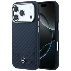 Mercedes Leather Semi Wrap Wood Effect MagSafe Case for iPhone 17 Pro Max - Navy Blue