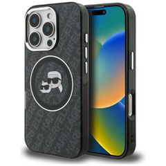 Karl Lagerfeld IML Glitter Karl & Choupette Heads Logo MagSafe Case for iPhone 16 Pro Max - Black