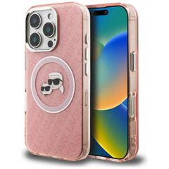 Karl Lagerfeld IML Glitter Karl & Choupette Heads Logo MagSafe Case for iPhone 16 Pro Max - Pink