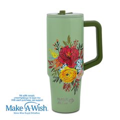 Θερμός tumbler ανοξείδωτο με πλαστικό καλαμάκι "We Care", Green Floral 900ml