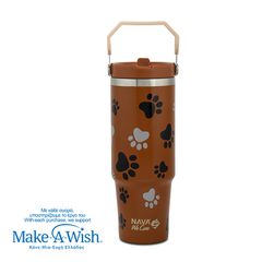 Θερμός tumbler ανοξείδωτο με καλαμάκι "We Care", Paw Prints 900ml