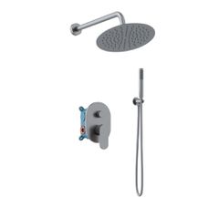 Orabella Aspen Gun metal light - Shower set εντοιχισμού με Μπαταρία λουτρού, εντοιχισμού 2 σημείων, κεφαλή Φ250 με βραχίονα και τηλέφωνο ντουζ με σπιράλ και επιτοίχειο στήριγμα 10452