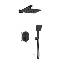 Orabella Marea Black matt - Shower set εντοιχισμού με Μπαταρία λουτρού, εντοιχισμού 2 σημείων, κεφαλή 250x250 με βραχίονα και τηλέφωνο ντουζ με σπιράλ και επιτοίχειο στήριγμα 10411