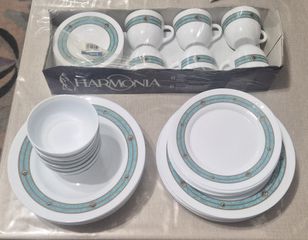 Σετ πιάτων 36 τεμαχίων Harmonia Crivisa Made in Spain – Λευκό με τιρκουάζ διακόσμηση
