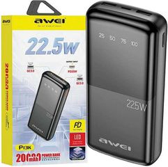 Awei P13K Power Bank 20000mAh 22.5W με 2 Θύρες USB-A και Θύρα USB-C Μαύρο