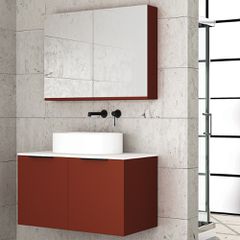 Orabella Solid Surface 90 με δύο Πόρτες - Κρεμαστό Έπιπλο Μπάνιου για επικαθήμενο νιπτήρα και καθρέπτης ντουλάπι σε αποχρώσεις ξύλου με χρωμέ γραμμικά πόμολα F70244-70244,70105,W-90