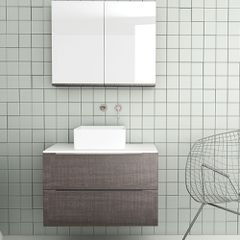 Orabella Solid Surface 80 με δύο Συρτάρια - Κρεμαστό Έπιπλο Μπάνιου για επικαθήμενο νιπτήρα και καθρέπτης ντουλάπι σε αποχρώσεις ξύλου με χρωμέ γραμμικά πόμολα F70242-70243,70105,W-80