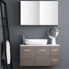Orabella Solid Surface 100 με δύο Πόρτες - Κρεμαστό Έπιπλο Μπάνιου για επικαθήμενο νιπτήρα και καθρέπτης ντουλάπι σε αποχρώσεις ξύλου με χρωμέ γραμμικά πόμολα F60176-70160,70107,W-100