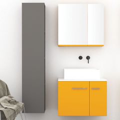 Orabella Solid Surface 70 με δύο Πόρτες - Κρεμαστό Έπιπλο Μπάνιου για επικαθήμενο νιπτήρα και καθρέπτης ντουλάπι σε αποχρώσεις ξύλου με χρωμέ γραμμικά πόμολα F60175-70157,70103,W-70