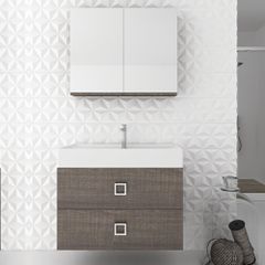 Orabella Touch 81 με δύο Συρτάρια - Κρεμαστό Έπιπλο Μπάνιου με πορσελάνινο νιπτήρα Tecla και καθρέπτη ντουλάπι σε αποχρώσεις ξύλου με χρωμέ γραμμικά πόμολα F70248-70249,70105,60167