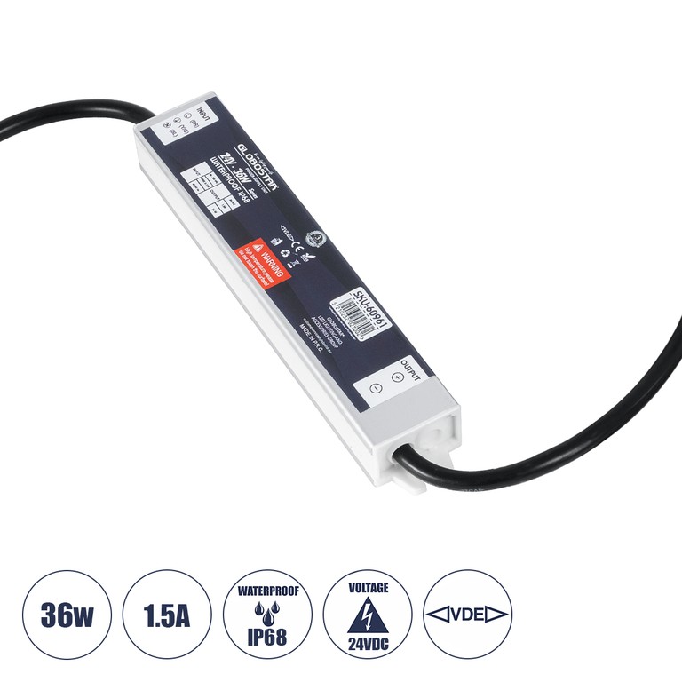 Τροφοδοτικό/Μετασχηματιστής Class II SELV 36W 1.5A DC 24V Αδιάβροχο IP68 - AC 220-240V σε DC 24V - Μ17 x Π3 x Υ2cm - 3 Χρόνια Εγγύηση