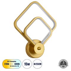 Φωτιστικό Τοίχου - Απλίκα Design LED CCT 15W 1800lm 300° AC 220-240V - Εναλλαγή Φωτισμού μέσω Διακόπτη On/Off All In One Ψυχρό 6000k+Φυσικό 4500k+Θερμό 2700k Μ25 x Π8 x Υ30cm - Χρυσό Βούρτσας