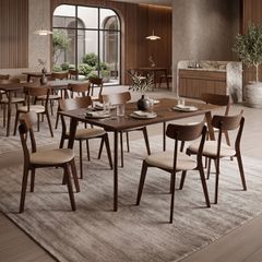 Tραπεζαρία Benson - Toto pakoworld σετ 7τμχ καρυδί - ύφασμα μπεζ 150x90x75εκ