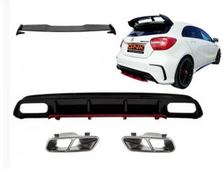 BODY KIT Rear Diffuser & Exhaust Muffler Tips Black with Splitters Fins and Roof Boot Spoiler MERCEDES A-Class W176 (2012-2018) A45 AMG Facelift Design BLACK EDITION