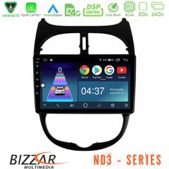 BIZZAR U-ND3-PG0540 ND3 Series 8Core Android15 2+64GB Peugeot 206 Navigation Multimedia Tablet 9"