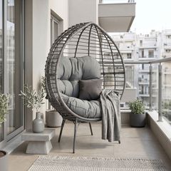 Πολυθρόνα Nestie wicker rattan γκρι-μεταλλικό γκρι πόδι-γκρι μαξιλάρι 102x80x155εκ