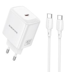Φορτιστής Ταξιδίου Borofone BN33 Fuente GaN USB-C PD40W + Καλώδιο Φόρτισης USB-C σε USB-C Λευκός