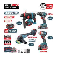 BBP5438X44T4CA Σετ Brushless Μπαταρίας, Δραπαν/βιδο, Γωνιακός Τροχός, Πνευματικό & Μπουλ/δο 20V (2x4.0Ah) - 18V - 20V - BORMANN PRO (#085751)