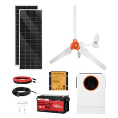Κιτ ηλιακής αιολικής ενέργειας VEVOR 12V 600W, 2 τεμάχια μονοκρυσταλλικό πάνελ 100W + ανεμογεννήτρια & ελεγκτής 400W + μπαταρία LiFePO4 12.8V 100Ah + υβριδικός ηλιακός μετατροπέας 1000W για σπίτι, τρο