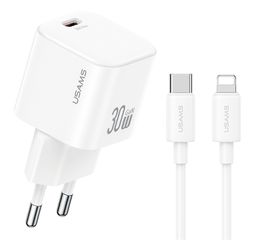 USAMS φορτιστής τοίχου CC262 με καλώδιο Lightning, 30W, GaN, λευκός