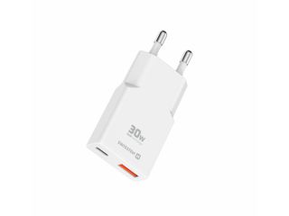 SWISSTEN Λεπτός Τροφοδοτικός Αντάπτορας GaN USB-C + USB-A 30 W, Λευκός 8595217492271