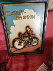 vintage ξύλινο ανάγλυφο κάδρο με μοτοσικλέτα Harley-Davidson