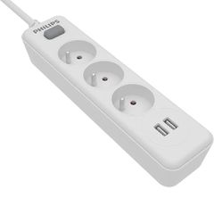 Πολύπριζο Philips SPN3032WA/19 με 3 Θύρες Εισαγωγής Σούκο Διακόπτη On/Off και 2 Θύρες USB Καλώδιο 2m Λευκό