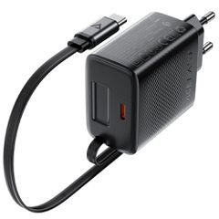 Φορτιστής Ταξιδίου Acefast A110 Fast Charging USB-C PD30W QC3.0 GaN και Αναδιπλούμενο Καλώδιο USB-C 0.64m Μαύρος