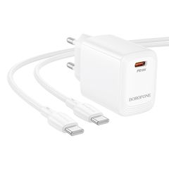 Φορτιστής Ταξιδίου Borofone BN28 Fuente GaN USB-C PD30W Mini Size + Καλώδιο Φόρτισης USB-C σε USB-C Λευκός