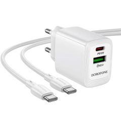 Φορτιστής Ταξιδίου Borofone BN27 Fuente GaN με 1xUSB-C PD20W 1xUSB-A QC3.0A και Καλώδιο USB-C σε USB-C Λευκός