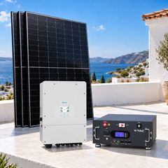 Υβριδικό φωτοβολταϊκό σετ 10 kW με inverter DEYE, πάνελ 10 kWp και μπαταρία V-TAC 9,6 kWh