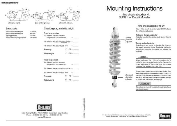 Ohlins Street Performance S46DR1 Mono Shock Absorber for Ducati Monster 1000 2003-2005