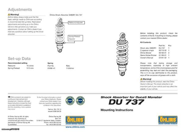 Ohlins Street Performance S46DR1 Mono Shock Absorber for Ducati Monster 1100 2008-2011