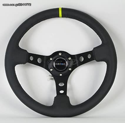 NRG Innovations, ST-006BK-Y, 350mm 3 Inches Deep Dish 6 Hole Racing Steering Wheel Black Leather Yellow Pointer with Horn Button ST-006BK-Y