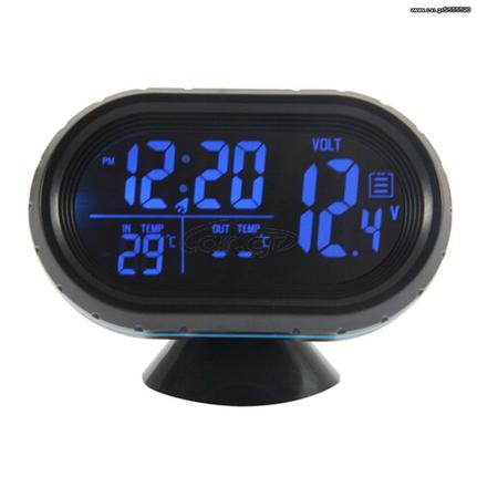 Ψηφιακό Ρολόι Αυτοκινήτου, Βολτόμετρο, Θερμόμετρο Εσωτερικής και Εξωτερικής Θερμοκρασίας με διπλό Φωτισμό.