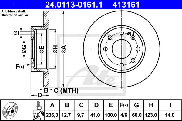 ΔΙΣΚΟΠΛΑΚΑ ΦΡΕΝΟΥ ΕΜΠΡΟΣ OPEL KADETT D/E, ASTRA F, CORSA A/B, ASCONA C, VECTRA A (ΑΠΛΗ - 236X12.6MM) ATE 90008005